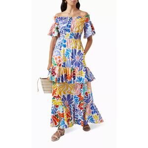 BORGO DE NOR Elena Off Shoulder Tiered Multicolor Cotton Poplin Maxi Dress 2-4